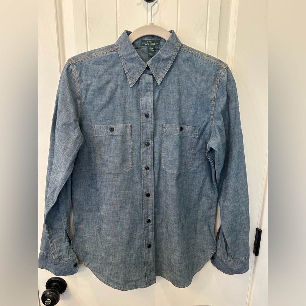 Lauren Jeans Co. Ralph Lauren Chambray Denim Button Up Blouse S 100% Cotton